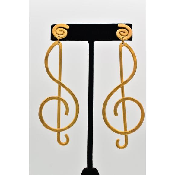 Vintage Treble Clef Earrings Dangle Brushed Gold Matte Long Chunky NOS 1980s A23 - Picture 1 of 12